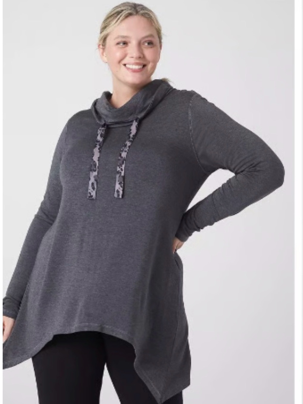 Charcoal Cowl Neck with leopard accent Tunic hoodie Women